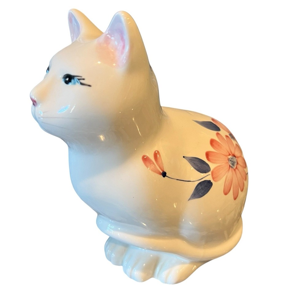 Vintage Henriksen Imports Ceramic Cat Hand Painted Floral Figurine 6"